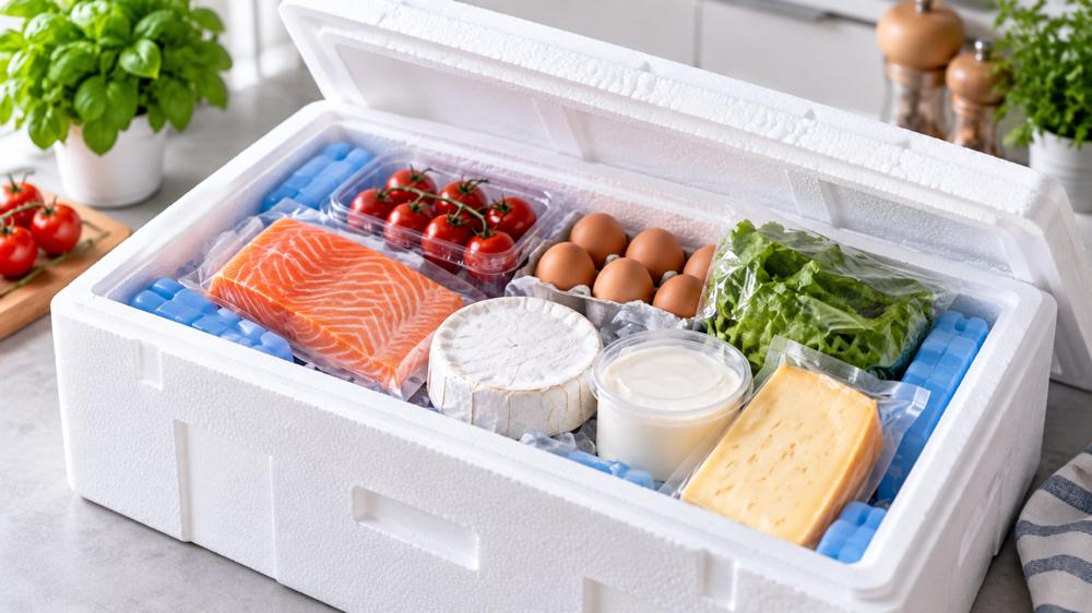 Produkty chłodzone ułożone w pojemniku termoizolacyjnym EPS